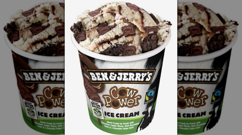 pint of Ben and Jerry's Cow Power flavor on green and blue background