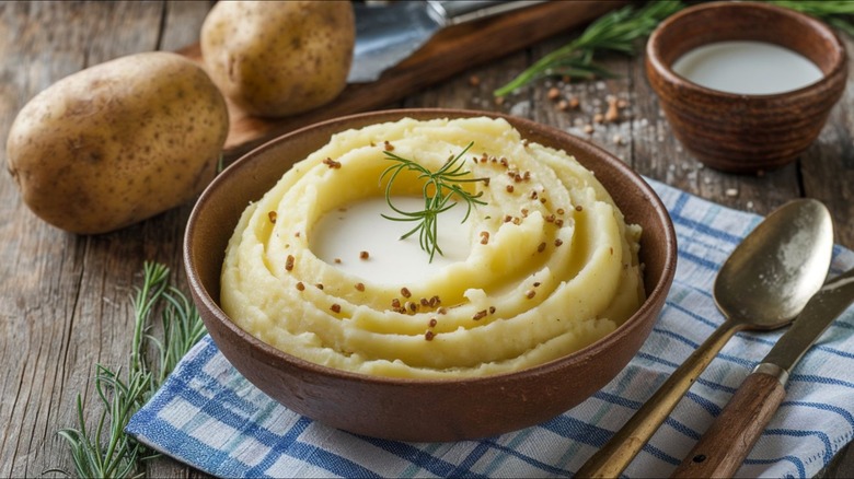 Mashed potatoes with milk on top in wood bowl